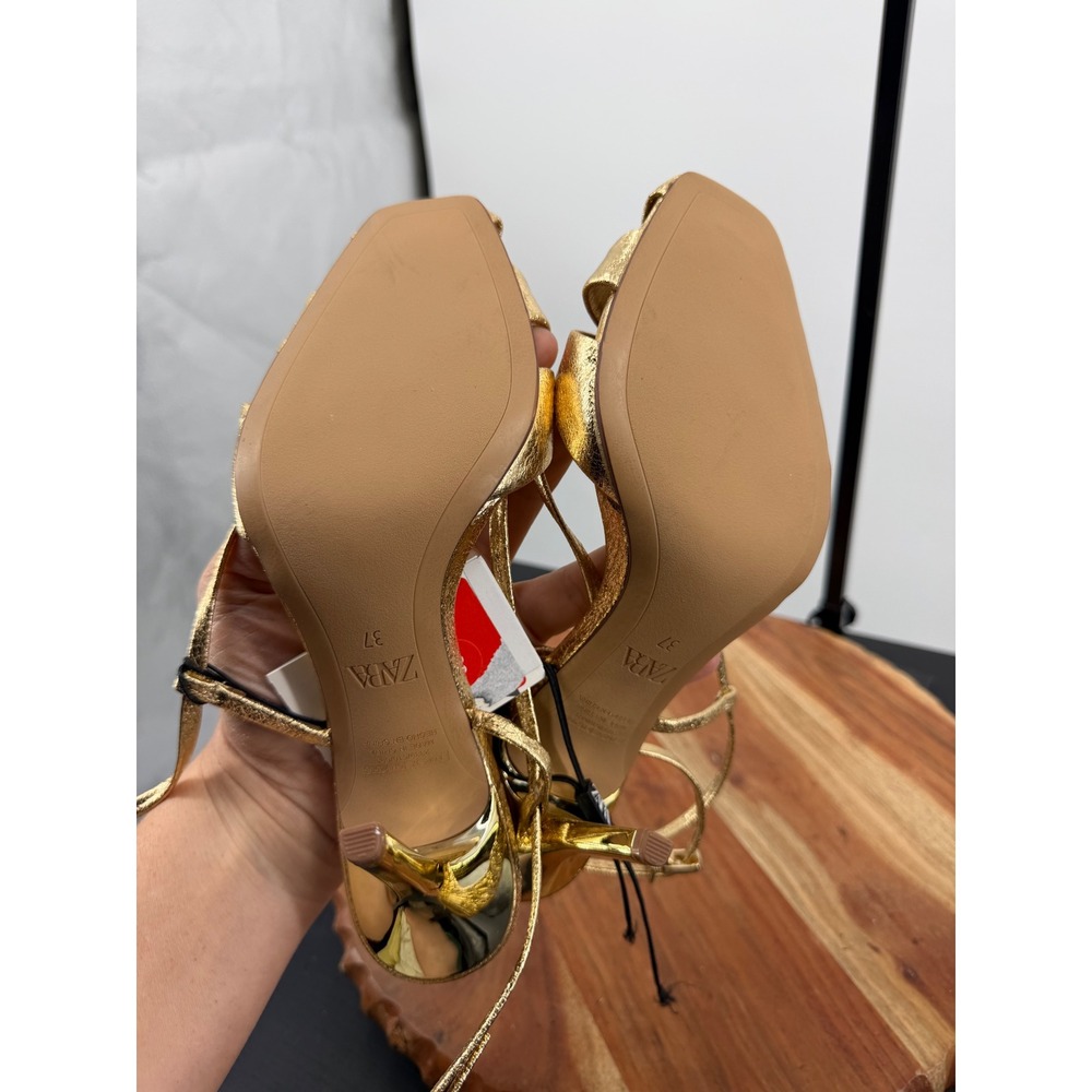 Zara metallic cover front strappy sandals heels gold High Heel 37 6.5 Square Toe - Picture 9 of 10